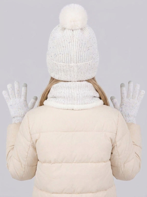 #White Kids Pom Pom Fleece Knit Hat Scarf Gloves Set
