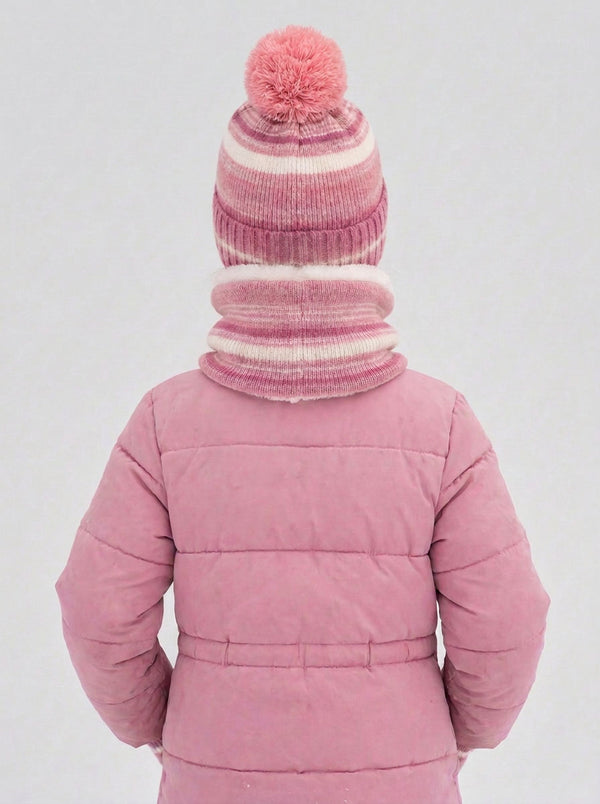 #Pink Kids Stripe Plush Pom Knit Hat Scarf Gloves Set