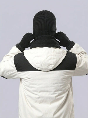 #Black Men Solid Color Knit Hat Scarf Gloves Set