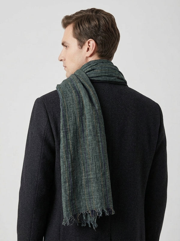 #NavyGreen Men Striped Cotton Linen Scarf