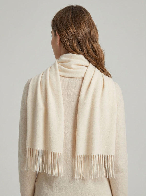 #White Pure Wool Solid Tassel Scarf