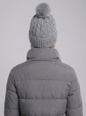 #Grey Women Cable Knitted Pom Beanie Hat