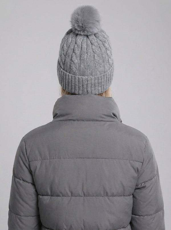 #Grey Women Cable Knitted Pom Beanie Hat