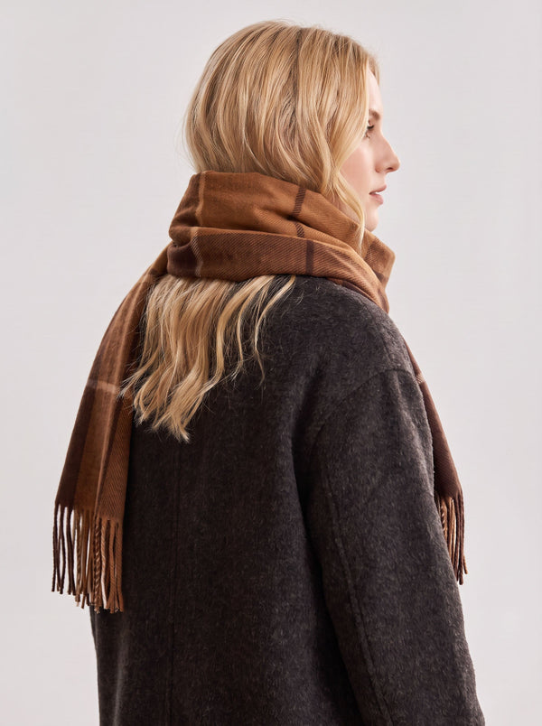 #Brown Women Checkered Tassel Scarf