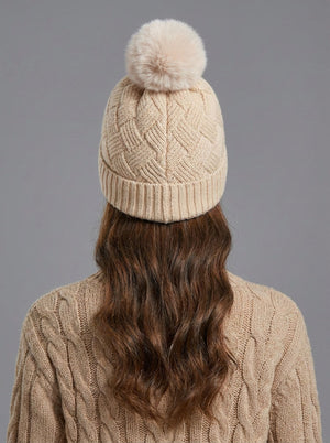 #IvoryWhite Women Grid Jacquard Pom Knit Beanie Hat