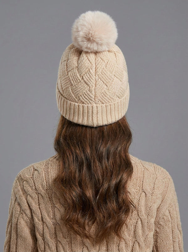 #IvoryWhite Women Grid Jacquard Pom Knit Beanie Hat