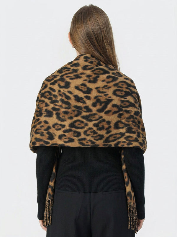 #Sand Women Leopard Print Fringe Scarf