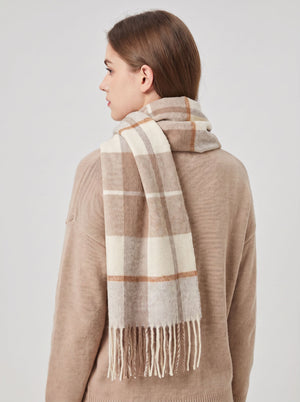 #Khaki Women Pure Wool Tassel Checkered Scarf