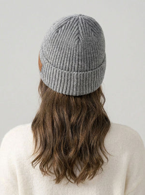 #Grey Women Rib Knit Leather Patch Beanie Hat