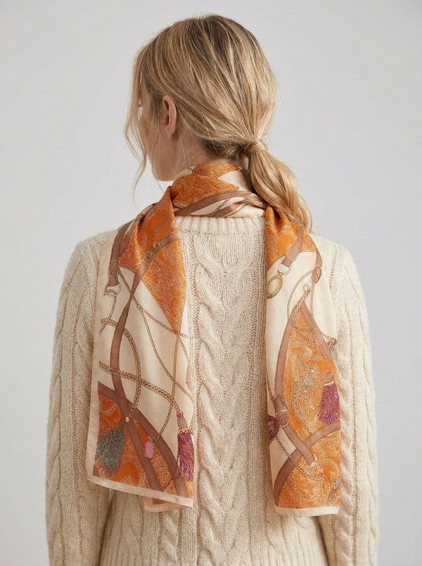 #Orange Women Silk Printed Satin Scarf