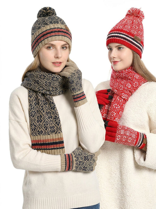#Red  And Beige Vintage Jacquard Knit Hat Scarf Gloves Set