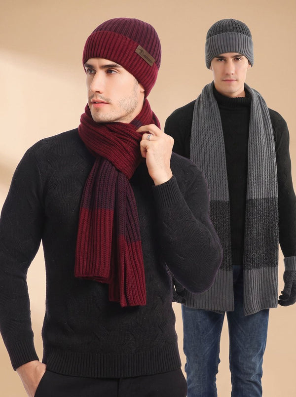 #WineRed Men Color Block Rib Knit Hat Scarf  Gloves Set