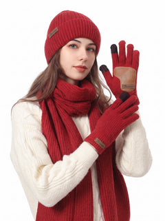 #Red Knitted Beanie Hat Scarf Gloves Set