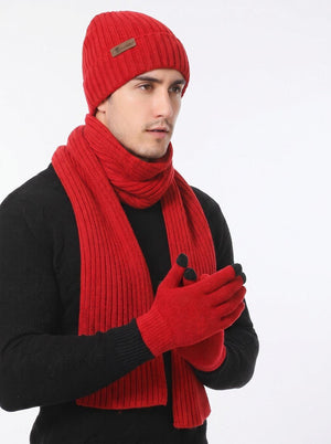 #Red Men Knitted Hat Scarf Gloves Set
