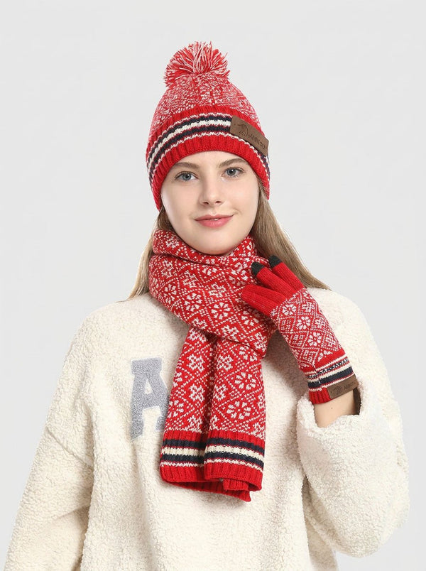 #Red Vintage Jacquard Knit Hat Scarf Gloves Set