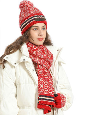 #Red Vintage Jacquard Knit Hat Scarf Gloves Set