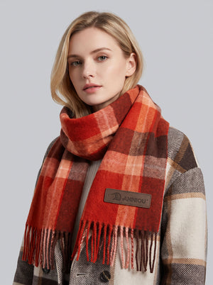 #Red Women Pure Wool Tassel Checkered Scarf