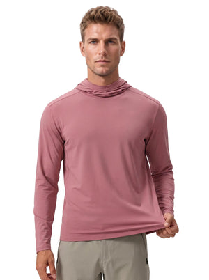 Caucasian male model wearing #Red strawberry  hooded long-sleeve performance shirt and khaki trousers, holding the hem of the top, plain white background.