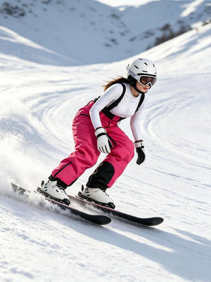 A female skier carves dynamically down a snowy mountain slope. She wears a white base layer top, #rosered high-waisted ski bib pants with black reinforcement patches, a white helmet, ski goggles, two-tone ski gloves, and white ski boots clipped onto black skis. 