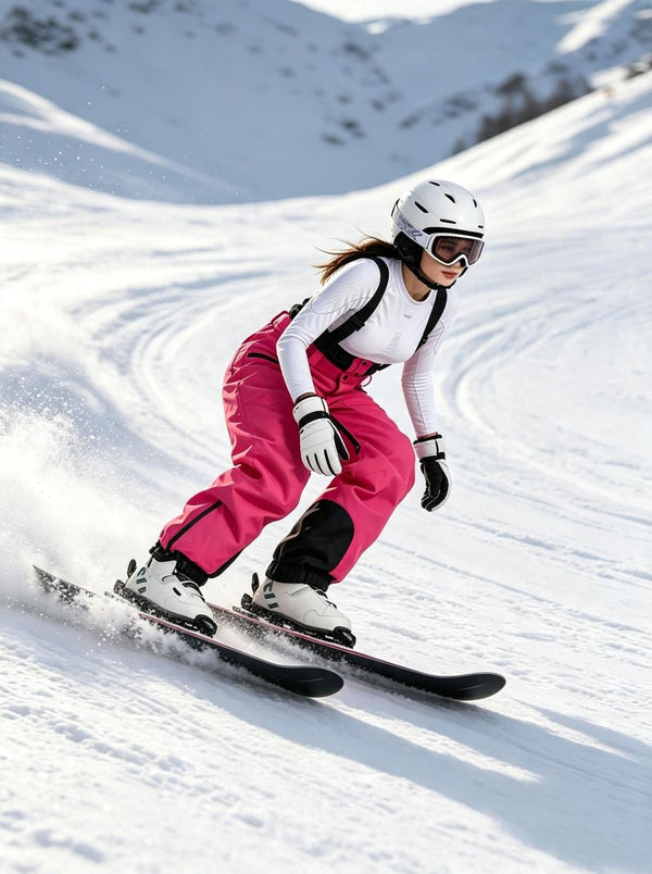 A female skier carves dynamically down a snowy mountain slope. She wears a white base layer top, #rosered high-waisted ski bib pants with black reinforcement patches, a white helmet, ski goggles, two-tone ski gloves, and white ski boots clipped onto black skis. 