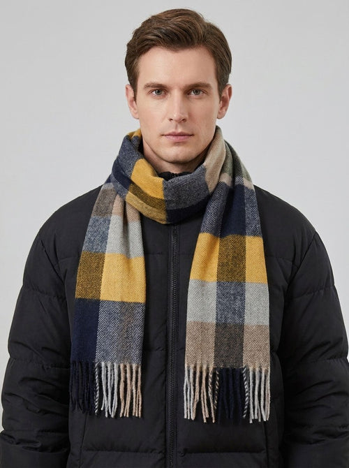 #Sand Men Plaid Tassel Check Pattern Neck Scarf