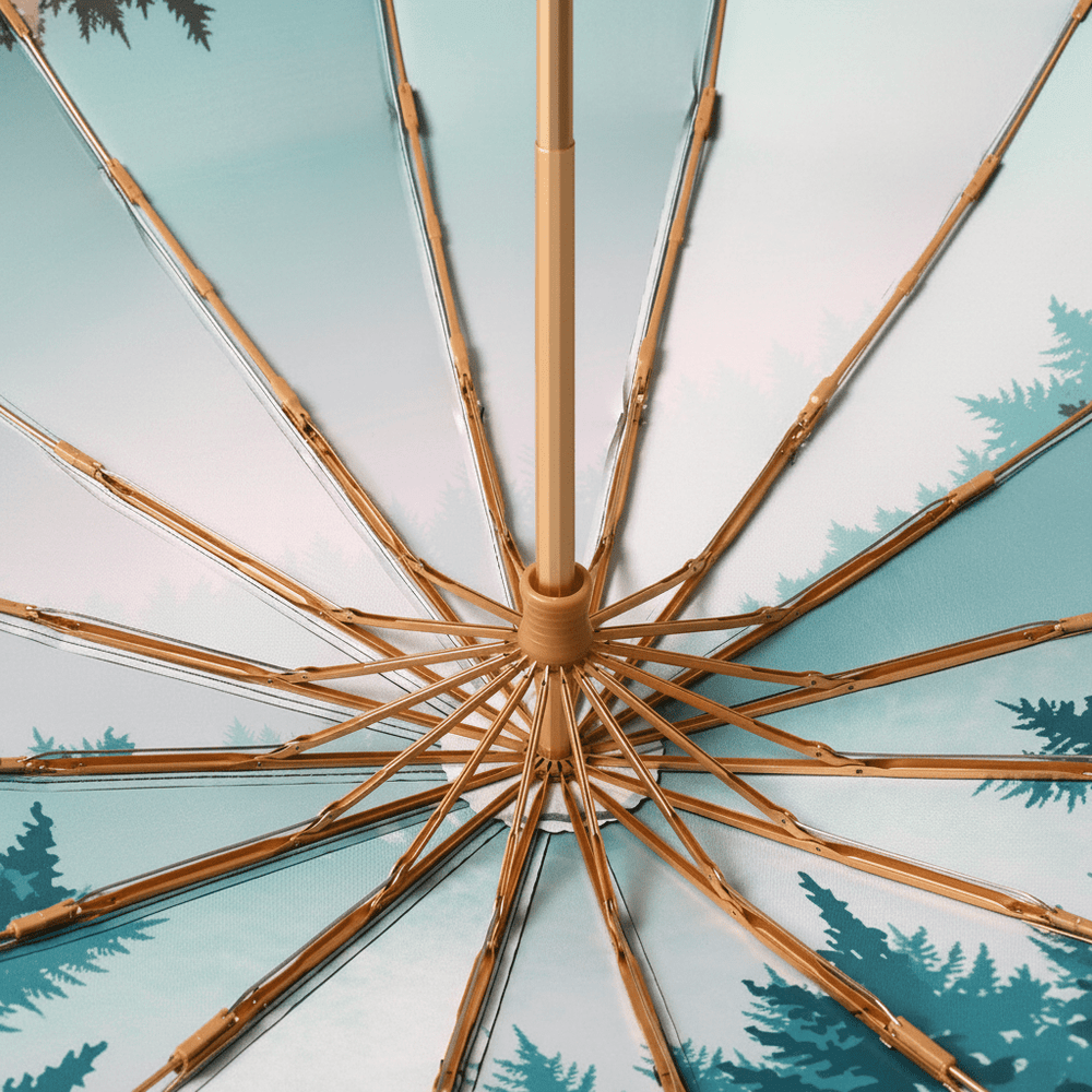 A sixteen-rib umbrella frame provides excellent wind resistance