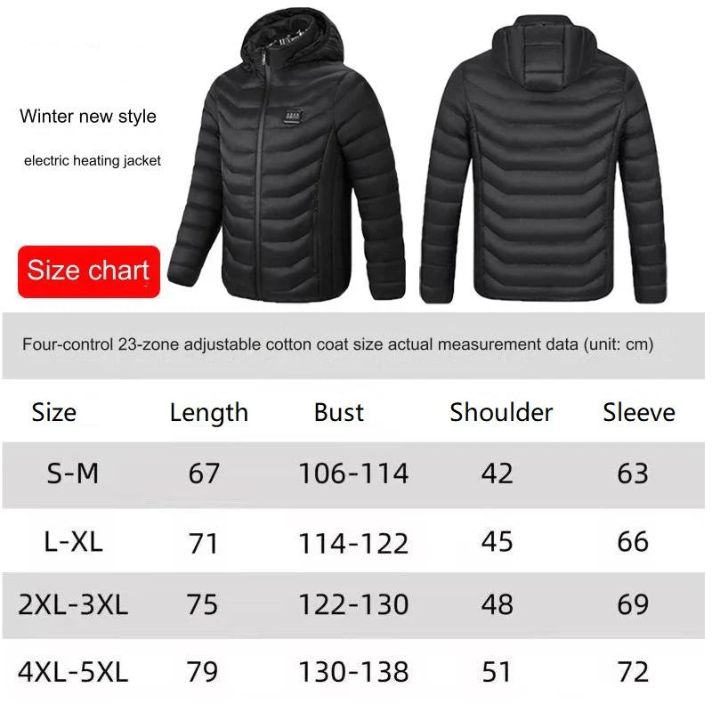 Black electric heating jacket with size chart on a white background