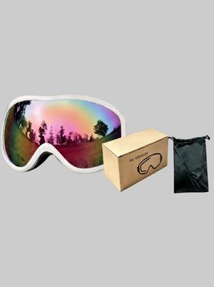White frame ski goggles with colorful reflective lens, matched kraft box and black storage pouch, isolated on plain white background, anti-fog snowboard goggles.