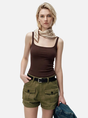Square Neck #brown Mulberry Silk Padded Camisole