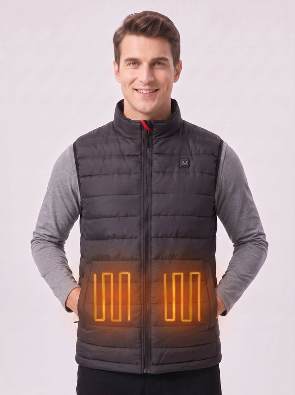 Smiling male model in black heated vest, glowing heating elements on waist, men’s electric warm gilet studio shot