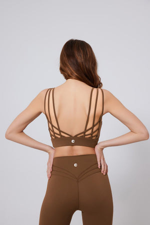 #brown Strappy Crisscross Back Sports Bra and leggings by Anniou
