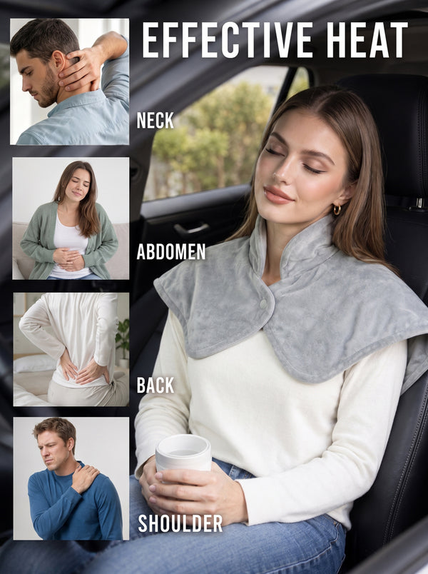 Targeted Heat Relief for Neck Shoulder Back and Abdomen of #grey heated car shawl
