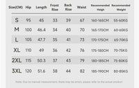 Size chart for clothing with measurements in centimeters and recommended heights/weights.