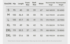 Size chart for clothing with measurements in centimeters and recommended heights/weights.