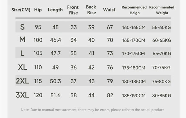 Size chart for clothing with measurements in centimeters and recommended heights/weights.
