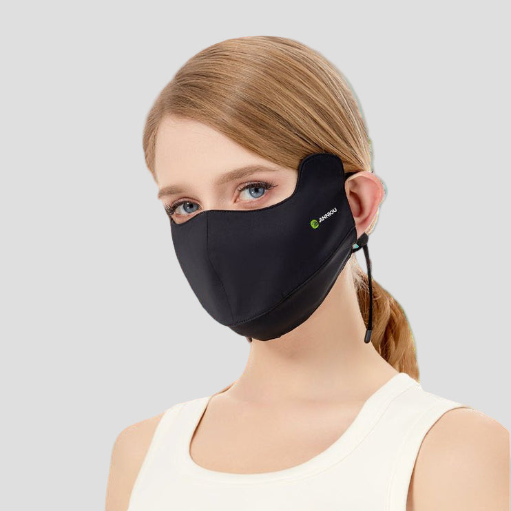 woman wearing a black UPF 100+ Raw Yarn Face Mask by Anniou