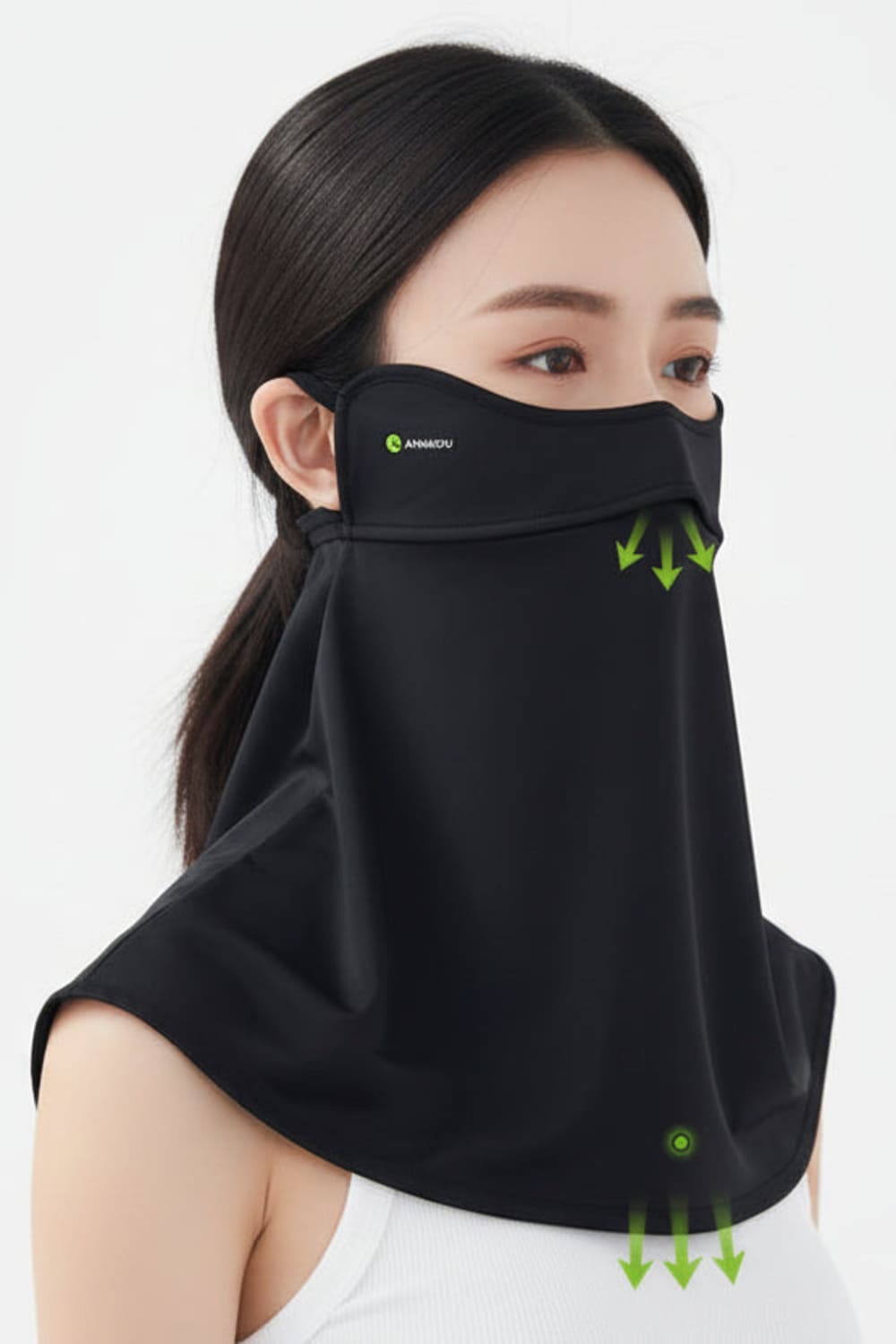 Person wearing a black neck gaiter with a brand logo on a white background