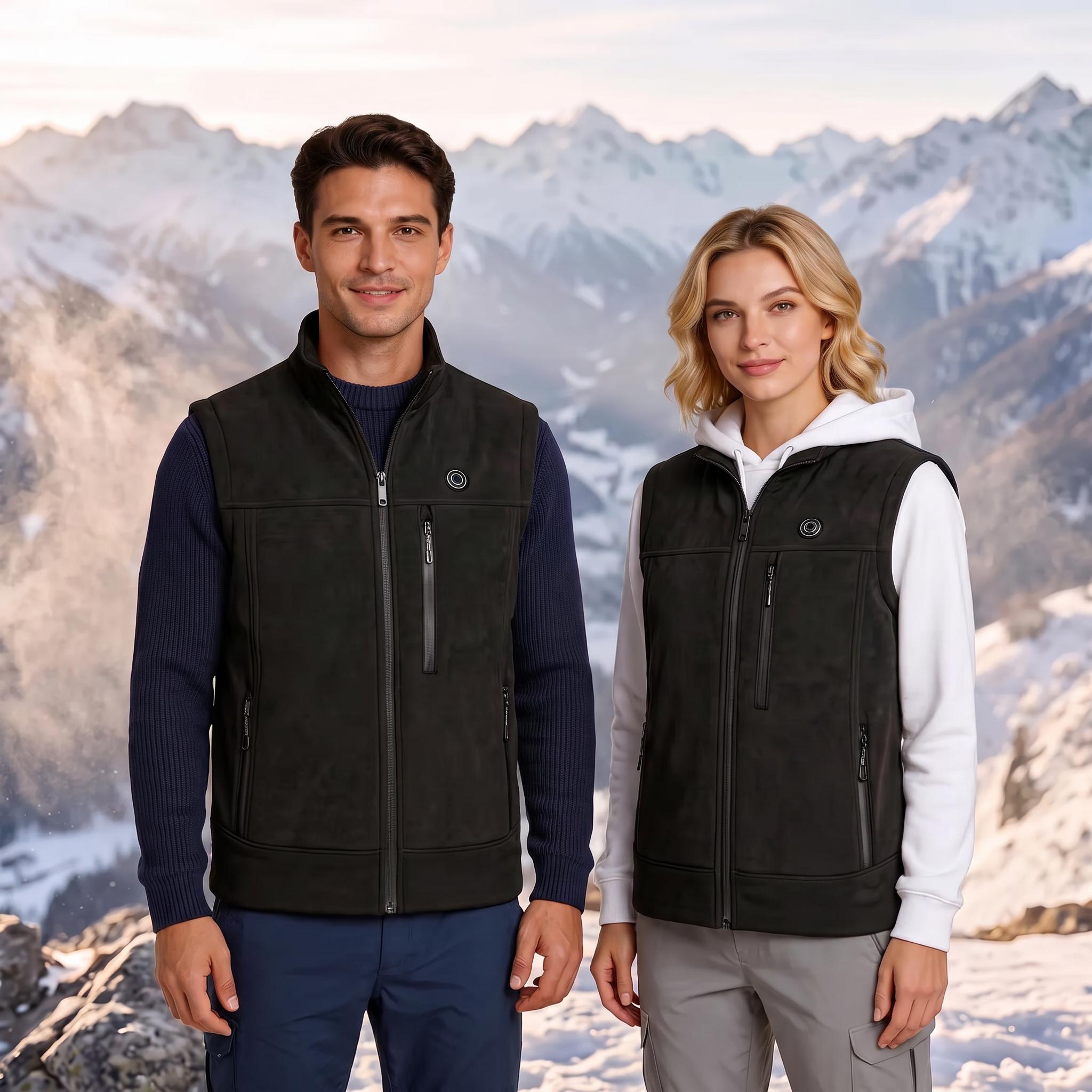 Unisex Heated Vest, Men and Women Model Shown in Snowy Mountain Winter Scenery