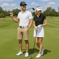 Men and women wearing wide-brimmed golf hats while playing on an outdoor golf course