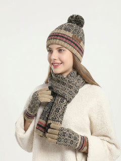 #Beige Vintage Jacquard Knit Hat Scarf Gloves Set