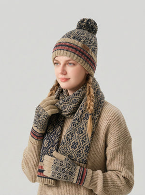 #Beige Vintage Jacquard Knit Hat Scarf Gloves Set