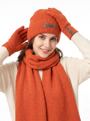 #Orange Knitted Beanie Hat Scarf Gloves Set