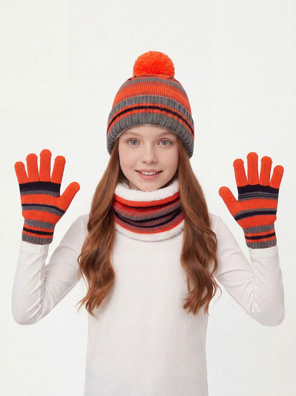 #WatermelonRed Kids Stripe Plush Pom Knit Hat Scarf Gloves Set