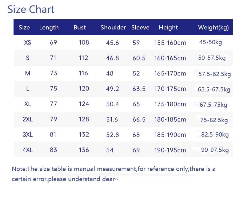 Size chart for clothing with measurements in centimeters and kilograms.