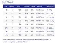Size chart for clothing with measurements in centimeters and kilograms.