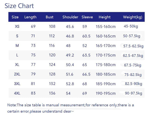 Size chart for clothing with measurements in centimeters and kilograms.