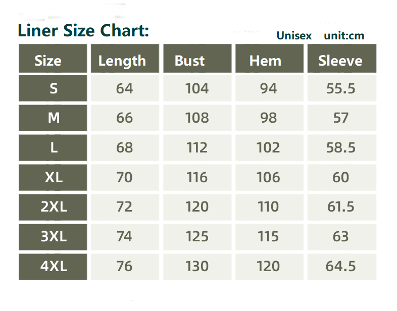 Waterproof 3 in 1 Jacket size guide