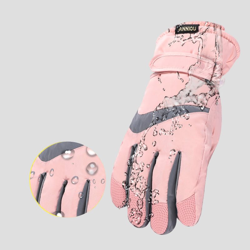 Waterproof Pink gloves with gray accents on a white background, featuring the brand 'ANNIOU'.