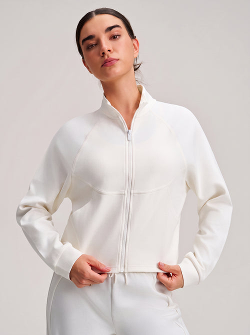 #White Cropped Stand Collar Athletic Jacket