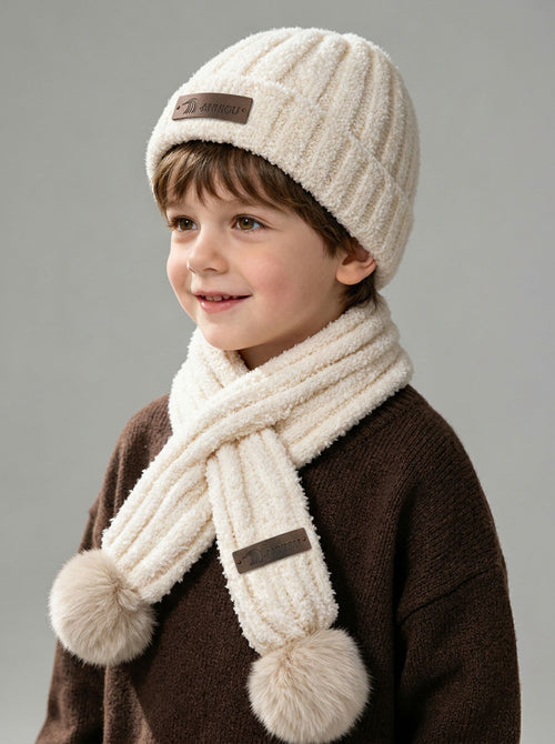#White Kid Fuzzy Plush Knitted Hat Scarf Winter Set